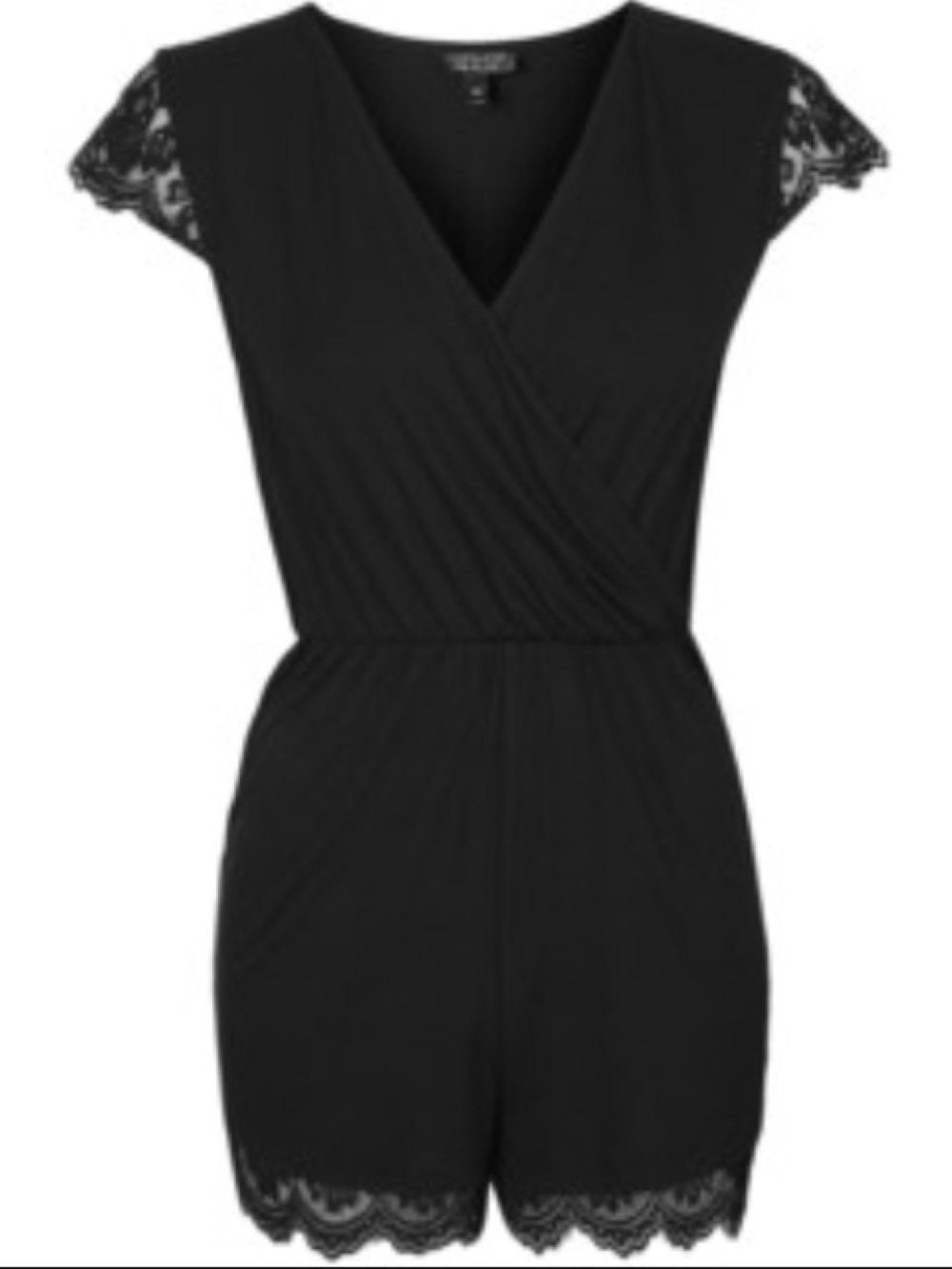 Topshop PETITE Black V-Neck Romper with Lace Trim